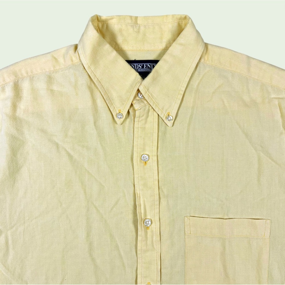 Vintage 90s Lands End Button Down Short Sleeve Shirt Men's Medium Mustard Yellow
